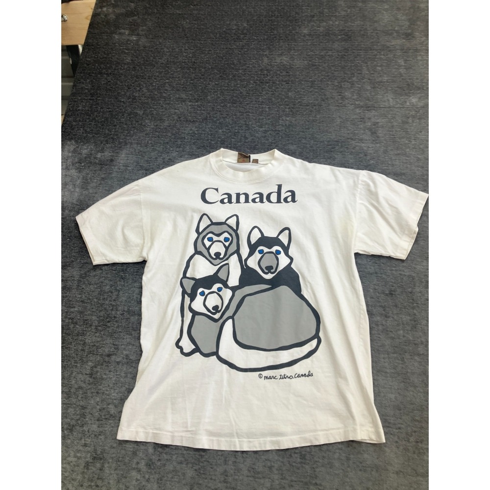 Vintage Marc Tetro Canada T-Shirt Mens White Husky Dogs Graphic Single Stitch